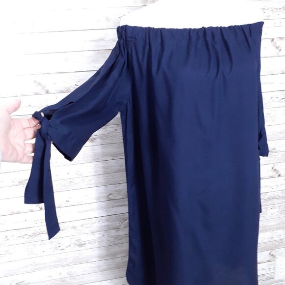 Venus Off Shoulder Shift Dress L Navy Short Sleeve 46A - Picture 2 of 7